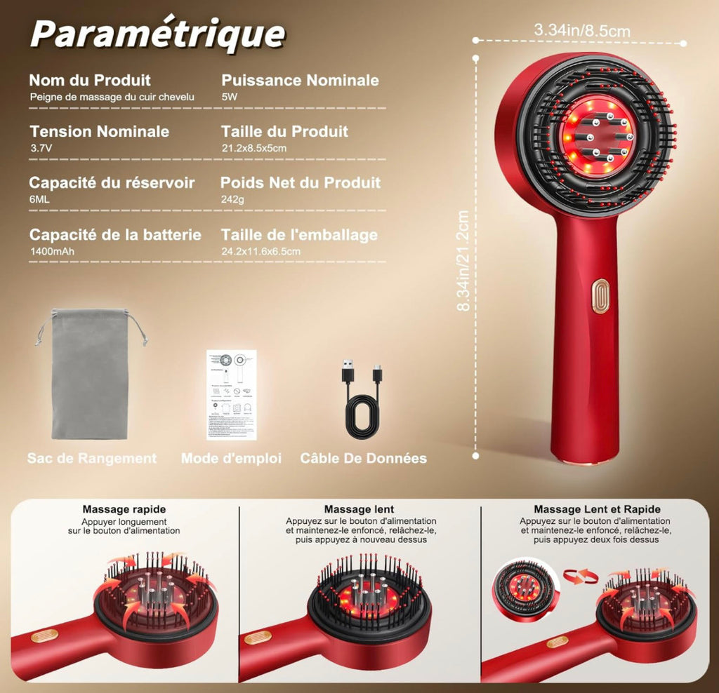 Brosse de Massage du Cuir Chevelu LED 3 Modes – Stimulation de la Pousse, Anti-Chute & Relaxation Profonde